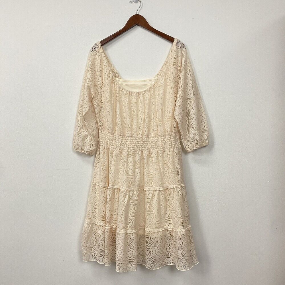 Allison Britney Beige Cream Lace Tiered Lined‎ Midi Dress Sz L Boho Off Shoulder